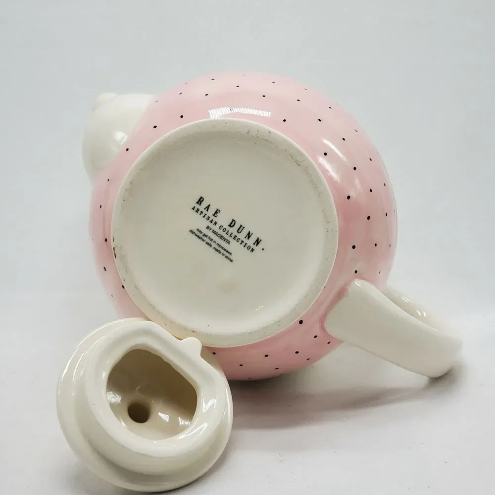 Rae‎ Dunn by Magenta POUR Teapot Polka Dot Pink Typewriter Font